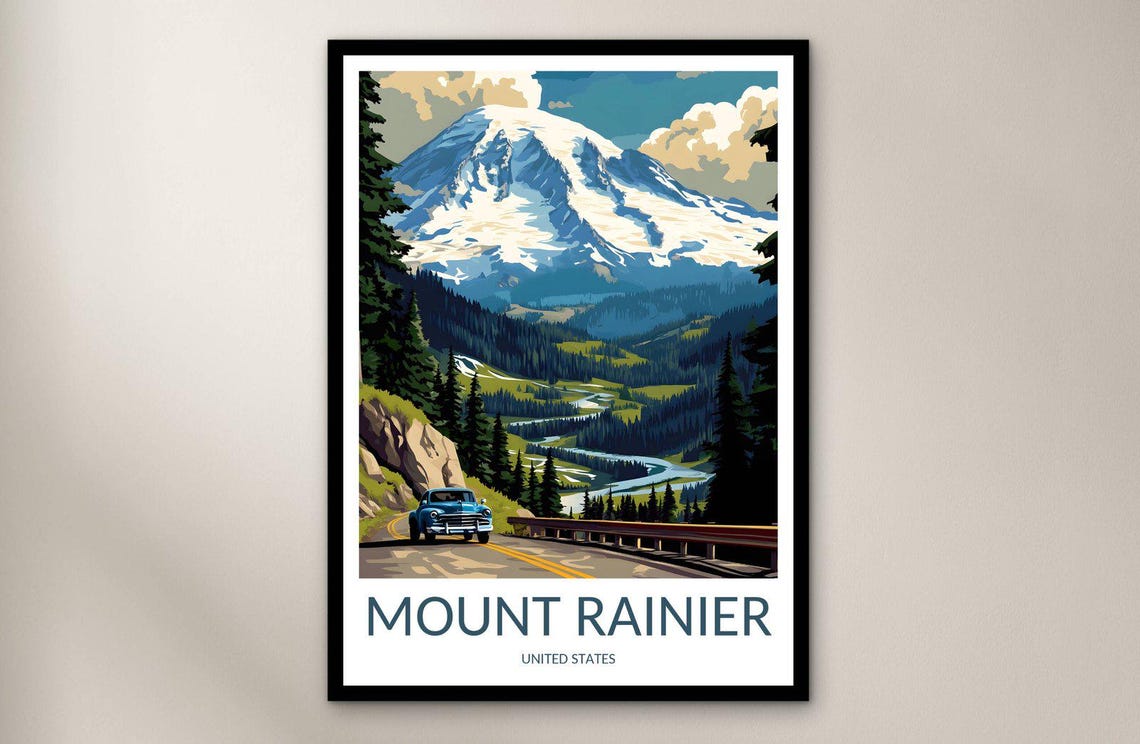 Mount Rainier Snow Peak Forest Road Vintage Blue Car Travel Poster