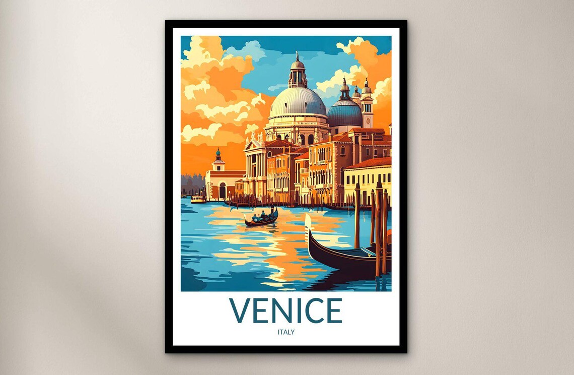 Venice Italy Grand Canal Sunset Gondola Vintage Travel Poster
