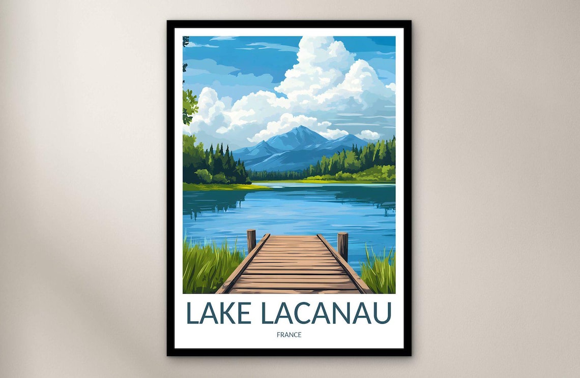 Lake Lacanau France Wooden Pier Mountain Reflections Travel Poster