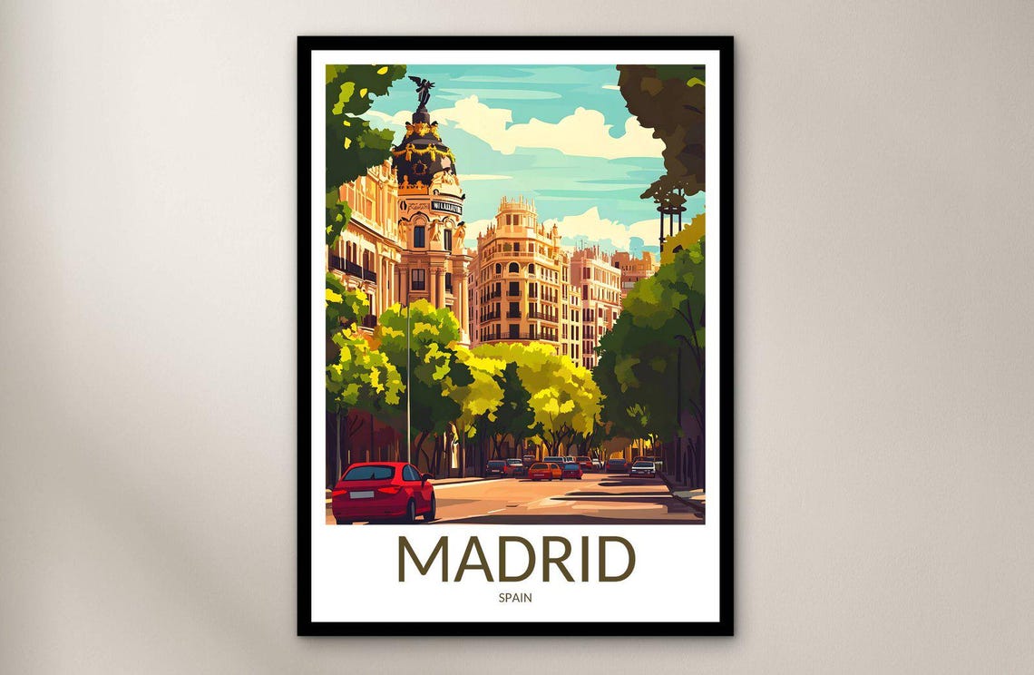 Madrid Spain Gran Via Metropolis Building Street Scene Poster Art
