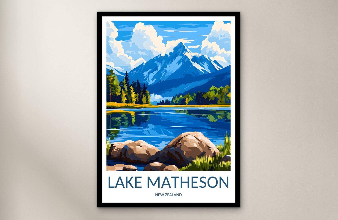 Lake Matheson New Zealand Mirror Lake Peak Vintage Travel Poster