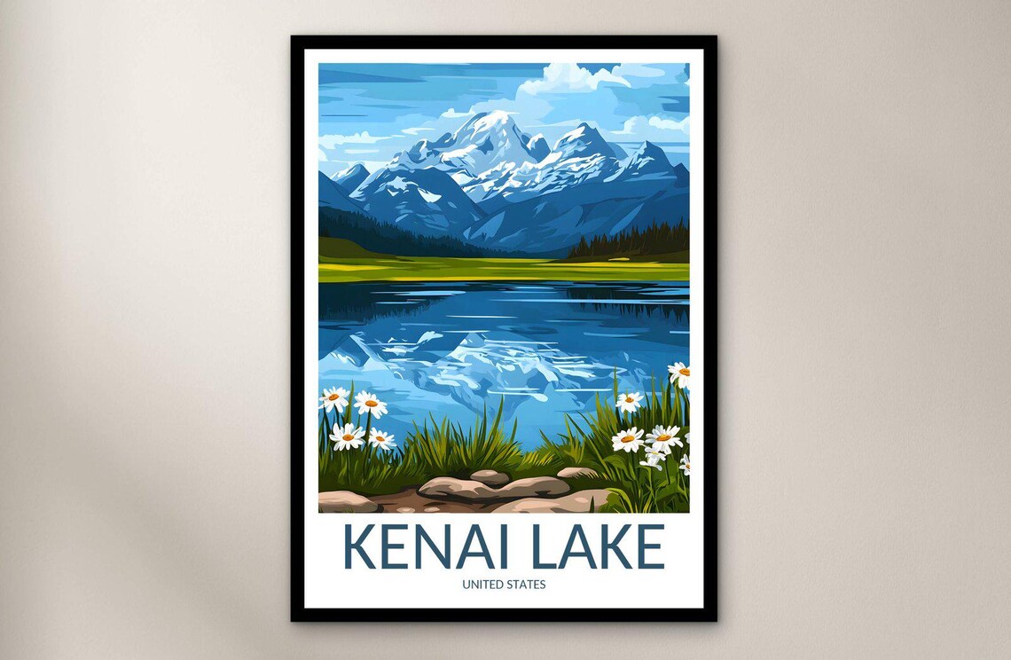 Kenai Lake Snow Mountains Wildflower Shoreline Travel Poster Art