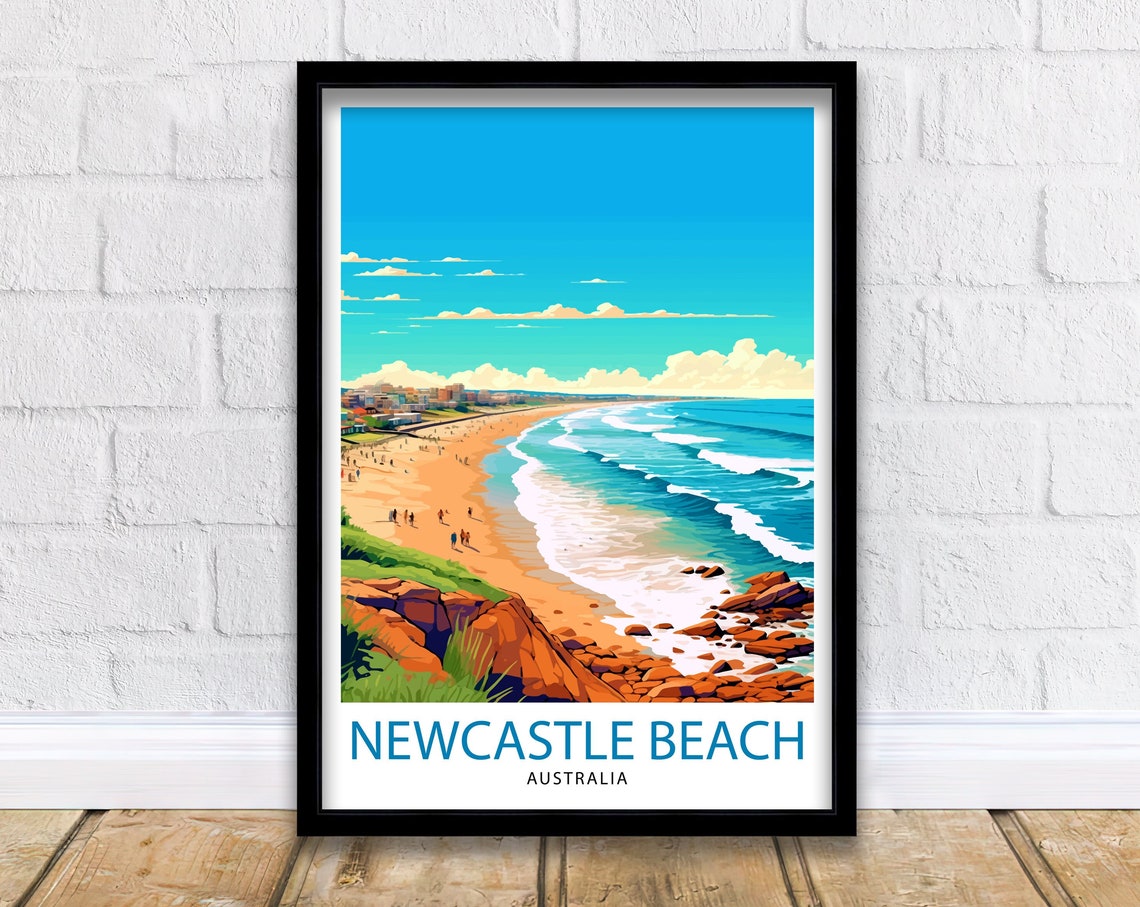 Newcastle Beach Australia Sunny Coast Vintage Style Travel Poster