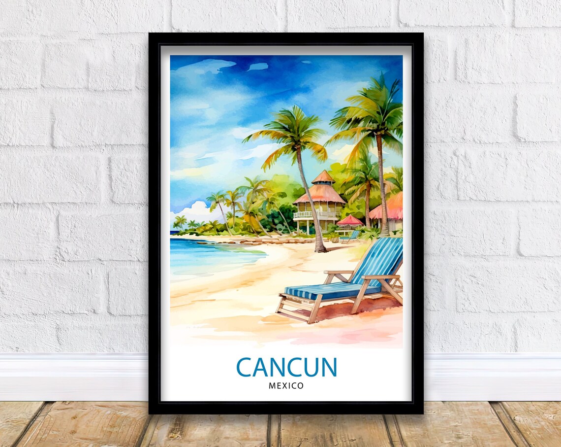 Cancun Mexico Watercolor Palm Beach Lounge Chair Tropical Art Poster