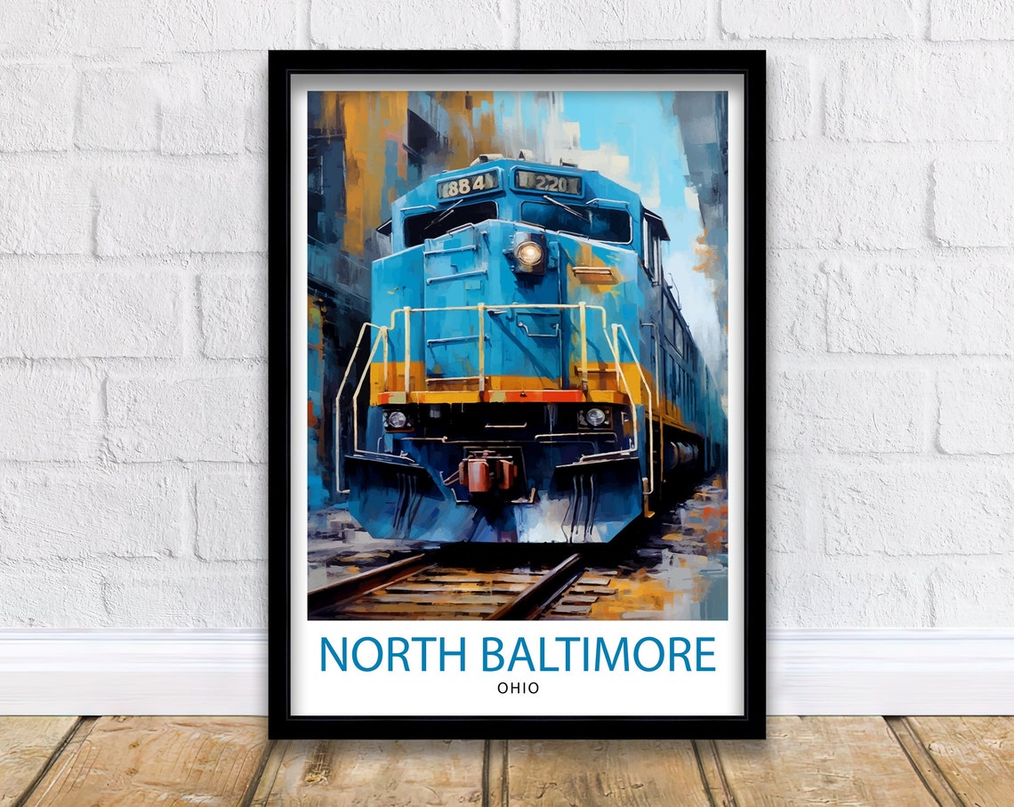 North Baltimore Ohio Blue Locomotive Train Railroad Art Poster