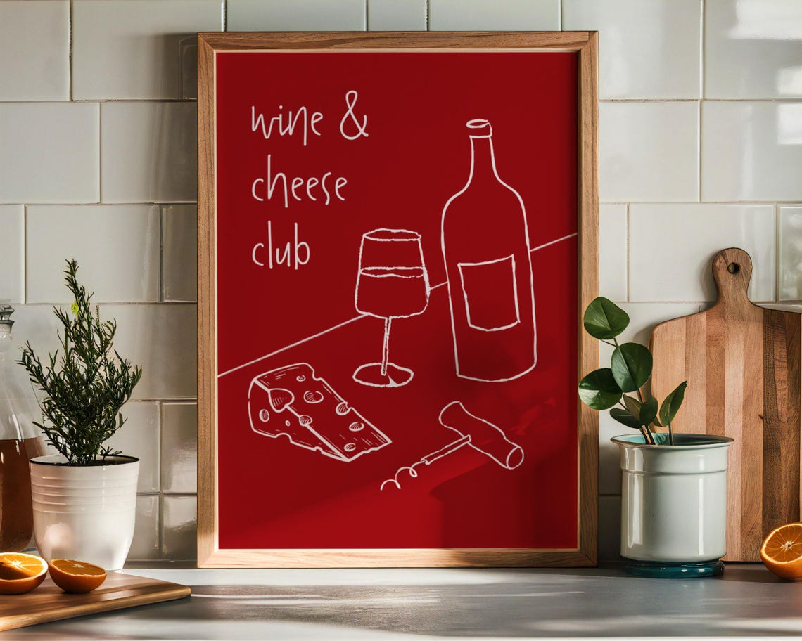 Wine and Cheese Club Red Line Art Minimalist Modern Kitchen Poster