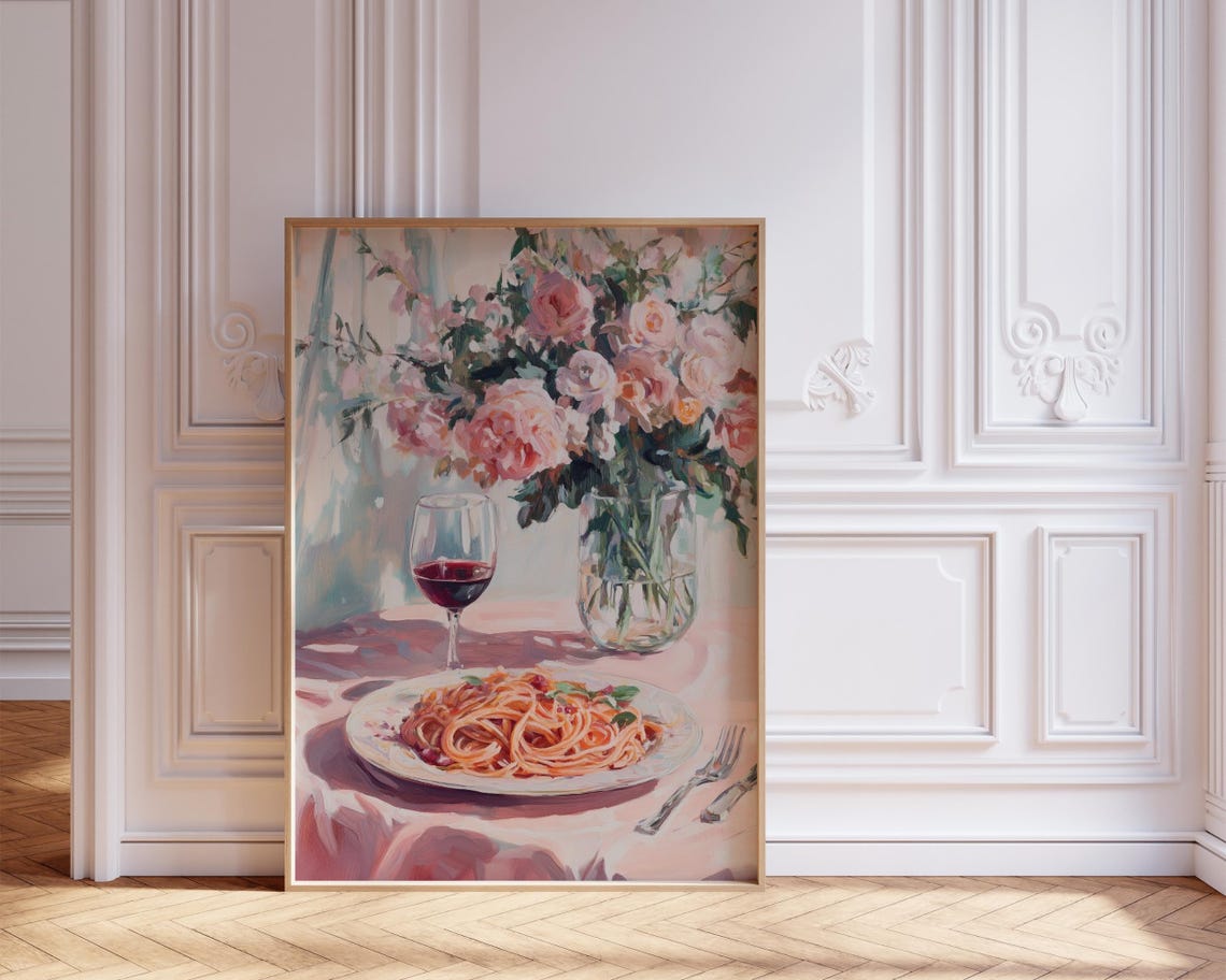 Spaghetti Wine Glass Roses Watercolor Italian Kitchen Table Poster - Image 6