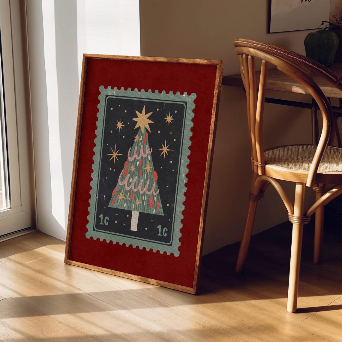 Vintage Christmas Tree Postage Stamp Art Red Retro Holiday Poster - Image 2