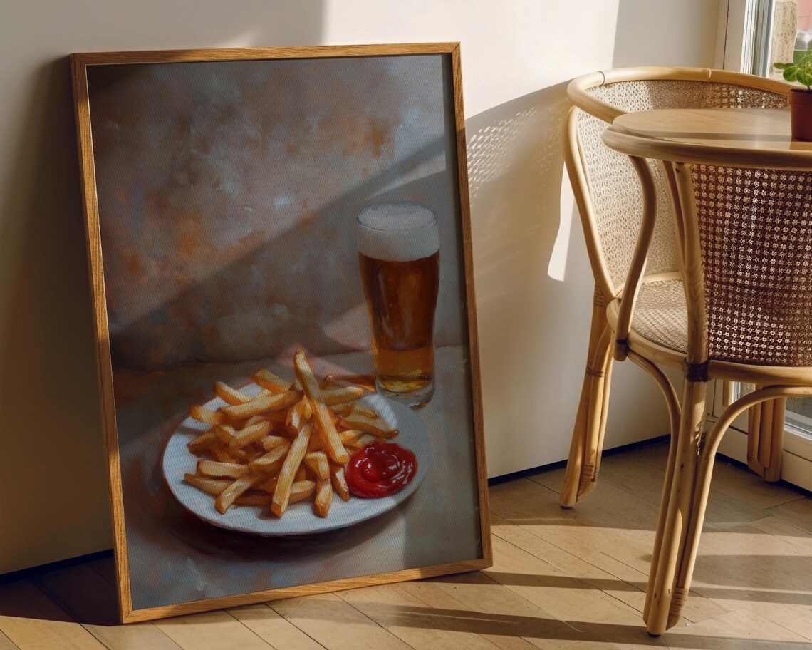 French Fries Beer Ketchup Oil Painting Style Food Still Life Poster - Image 7