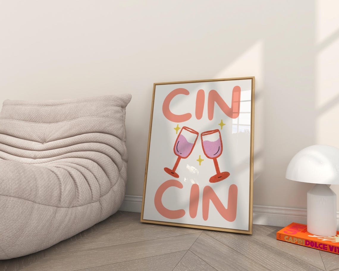 Cin Cin Cheers Wine Glasses Retro Cocktail Bar Cart Art Print - Image 2