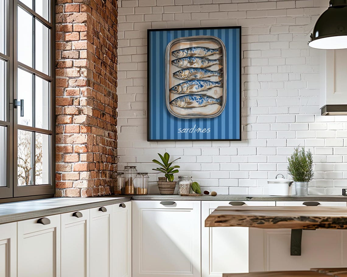 Sardines Tin Blue Striped Background Kitchen Art Illustration Poster - Image 7