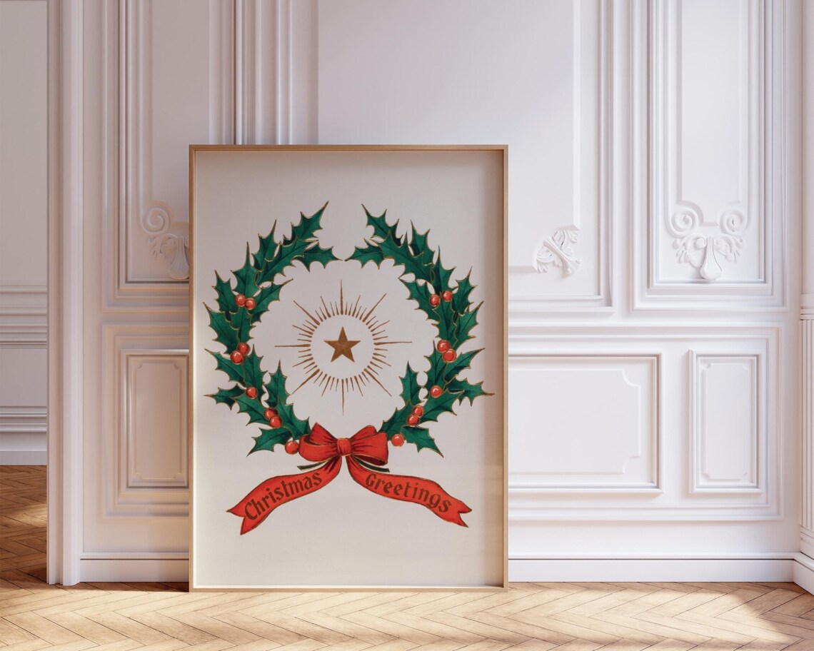 Christmas Greetings Vintage Holly Wreath Red Bow Holiday Poster - Image 6