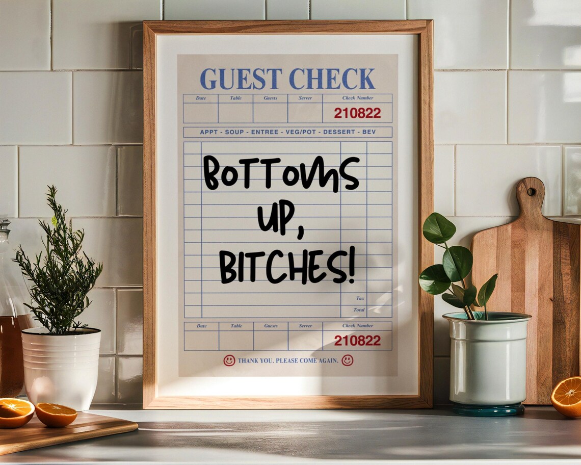 Bottoms Up Funny Quote Blue Guest Check Retro Bar Cart Poster - Image 5