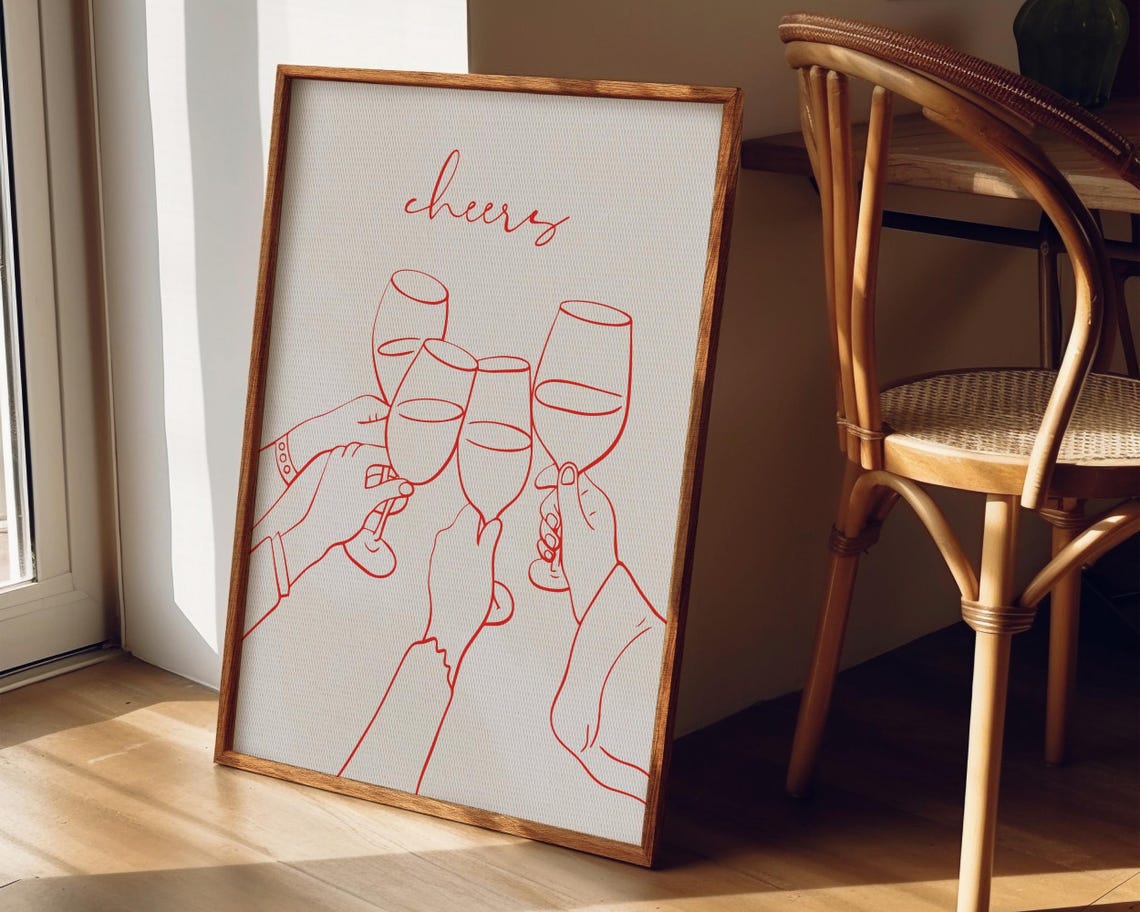 Cheers Wine Glasses Red Line Art Minimalist Kitchen Bar Poster - Image 6