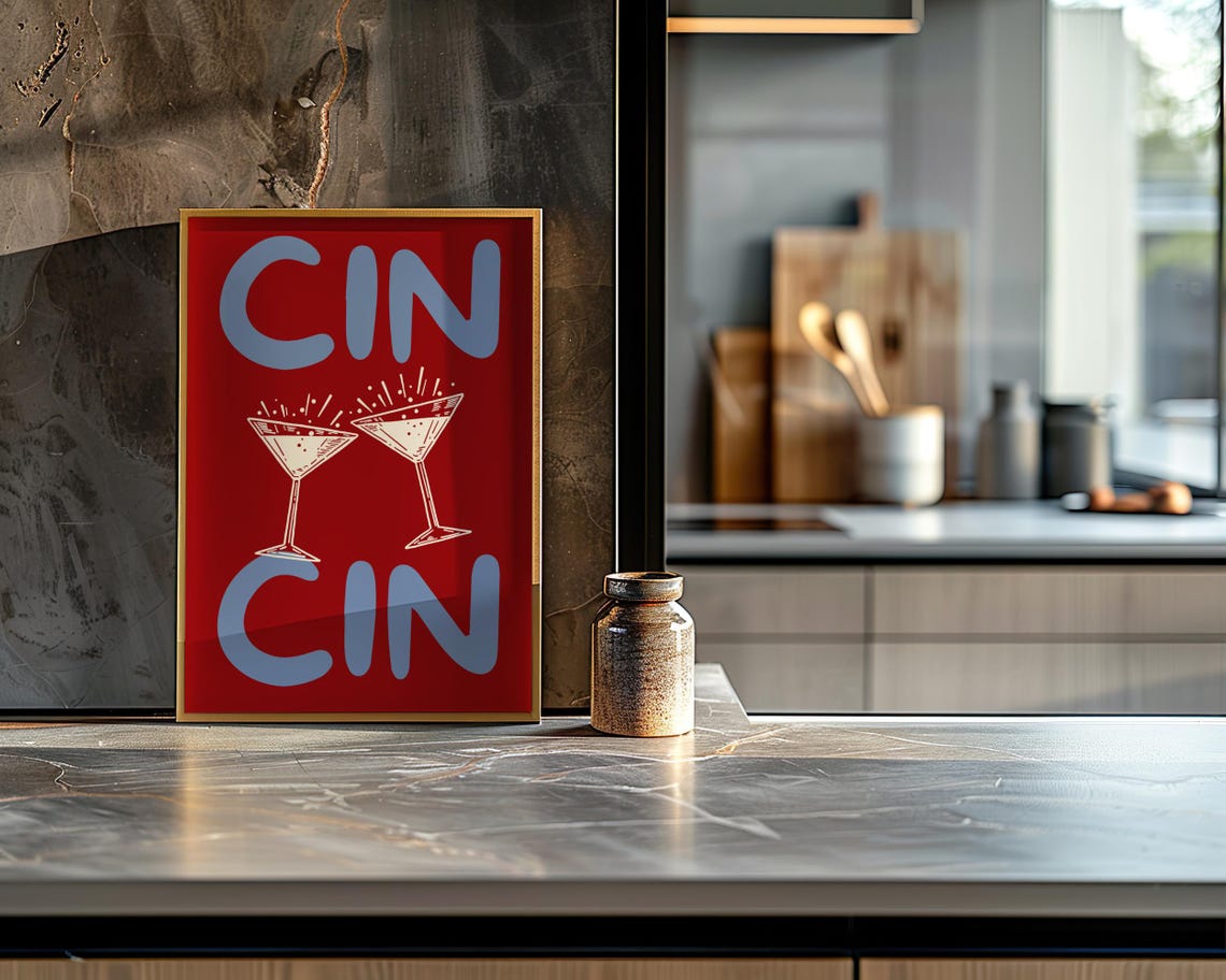 Cin Cin Red Martini Glasses Bold Retro Cocktail Bar Art Poster - Image 3