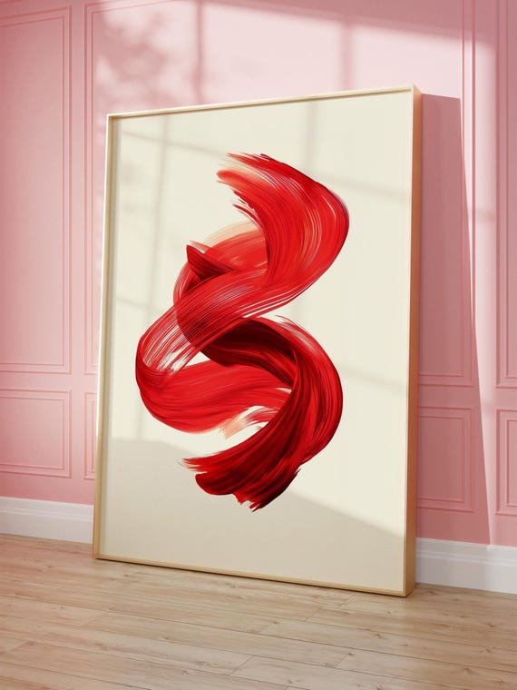 Red Minimalist Abstract Wall Art Mid Century Modern Brush Stroke Print Contemporary Trendy