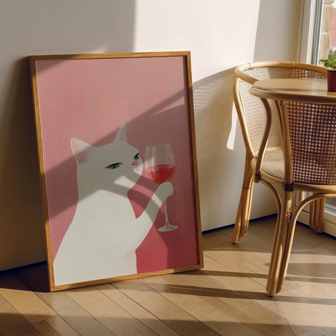 Cat With Wine, Modern Kitchen Decor Cheers Print - Image 2