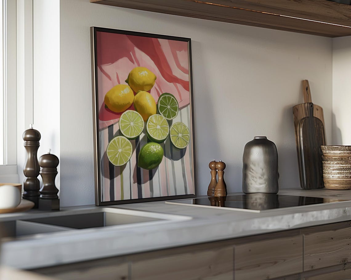 Lemons Limes Still Life Striped Cloth Kitchen Fruit Art Poster - Image 4