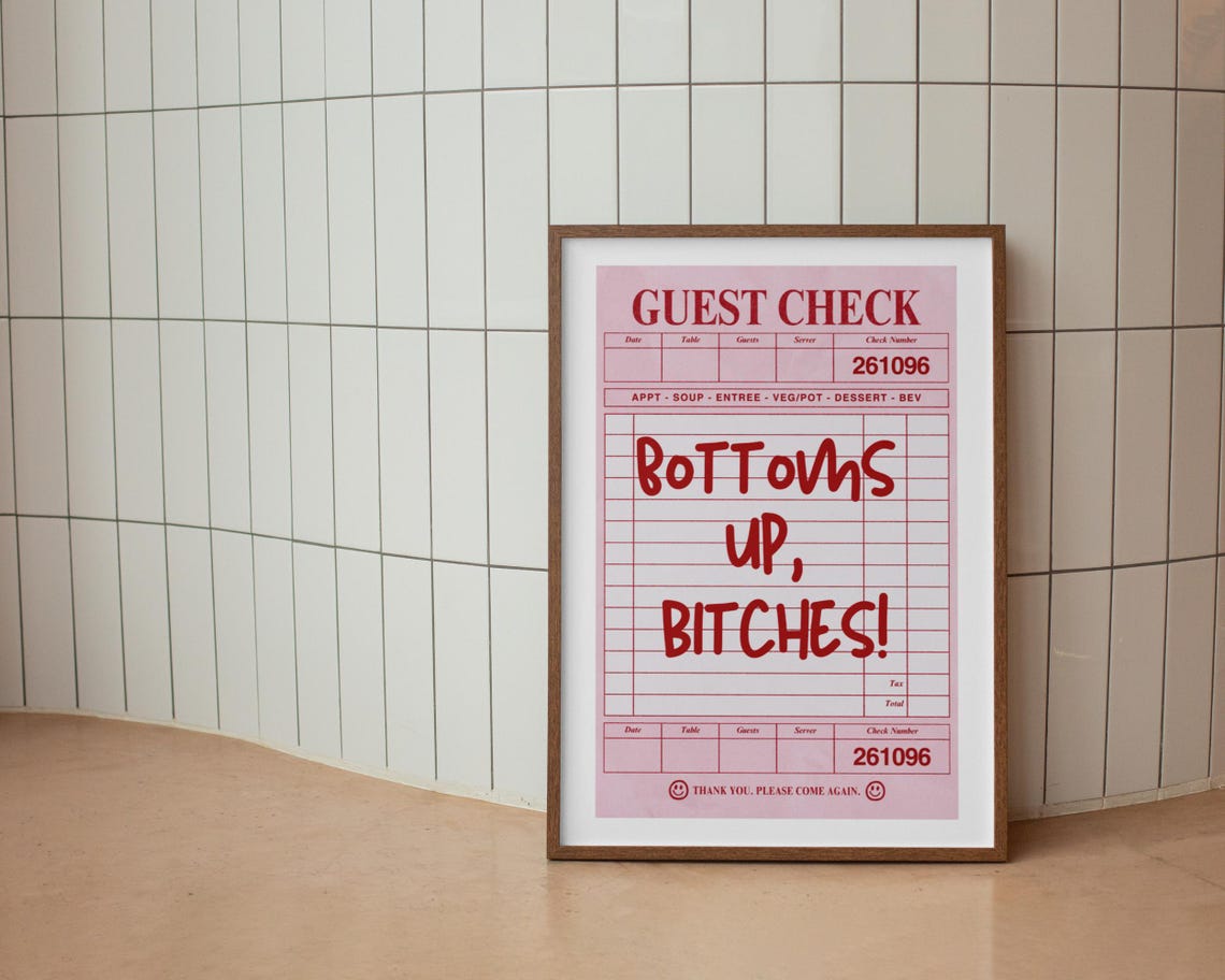 Bottoms Up Pink Guest Check Retro Quote Bar Cart Decor Poster - Image 4