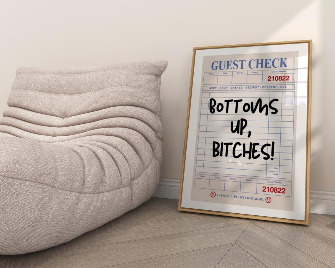 Bottoms Up Funny Quote Blue Guest Check Retro Bar Cart Poster - Image 2