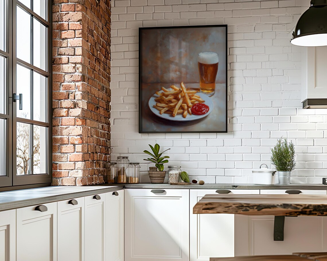 French Fries Beer Ketchup Oil Painting Style Food Still Life Poster - Image 4