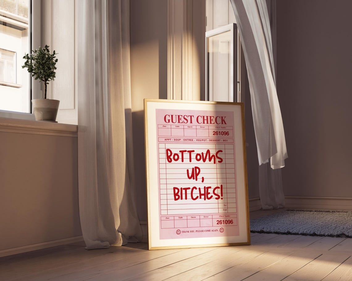 Bottoms Up Pink Guest Check Retro Quote Bar Cart Decor Poster - Image 3
