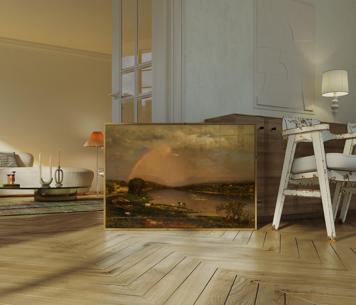 Rural River With Rainbow, Vintage Landscape Painting - Image 3