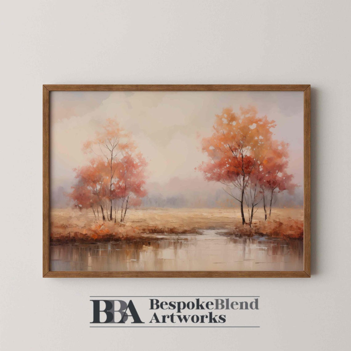 Autumn Landscape Wall Art Impressionist River Scene With Fall Trees And Misty For Neutral Home Decor Or Serene Bedroom