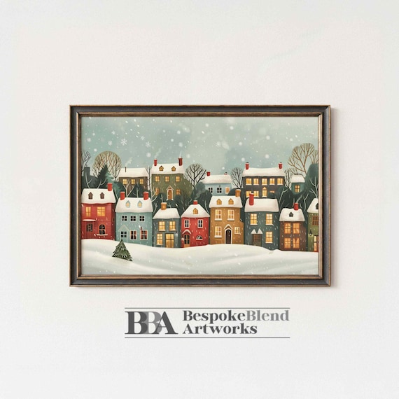 Snowy Cottages Folk Art Winter Village Colorful Houses Poster
