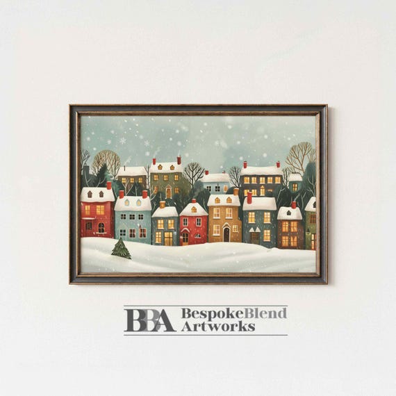 Winter Village Landscape Wall Art Cozy Snowy Houses Illustration Neutral Scandinavian Holiday Decor Rustic Christmas