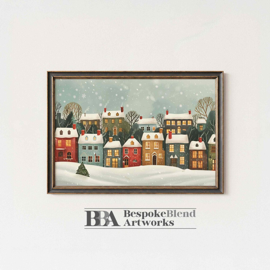 Cozy Snowy Village Winter Houses Christmas Illustration Poster