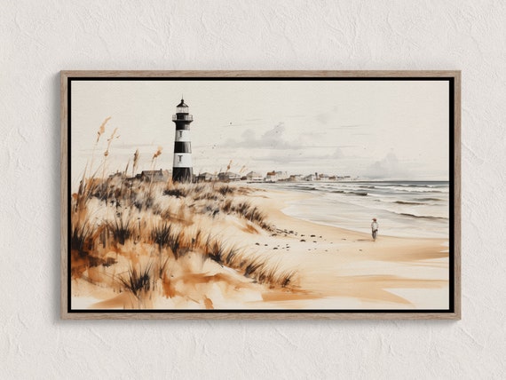 Beach With Lighthouse Art Print Wall Decor Tall Grass Sand Dunes House Artwork Coastal Scene