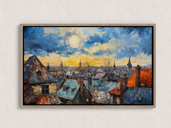 Fall Abstract Cityscape Painting Aerial View Of Town Architectural Oil Artwork Unique Rooftops Buildings Art Decor