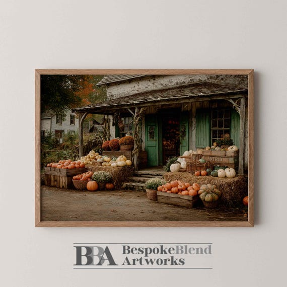 Rustic Pumpkin Market Wall Art Vintage Autumn Farm Stand Scene With Heirloom Gourds Mums Hay And Country Fall Harvest Decor
