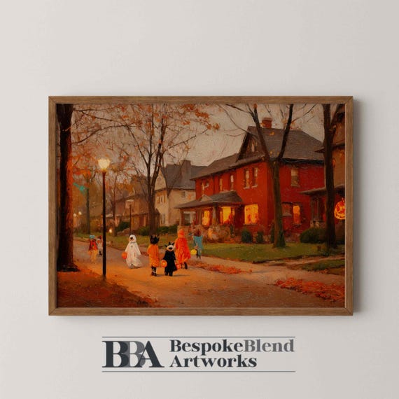Vintage Halloween Night Children In Costumes Strolling Past Glowing Jackolanterns And Old Brick Homes Fall Wall Art Decor