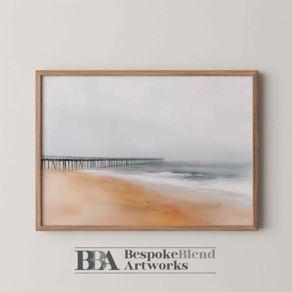 Misty Foggy Beach Pier Soft Neutral Coastal Watercolor Poster