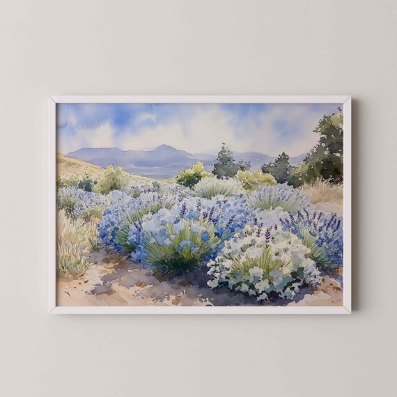 Mountain Ridge Lavender Flower Painting Southwestern Art Chinoiserie Wall Landscape Wabi Sabi Decor Japandi