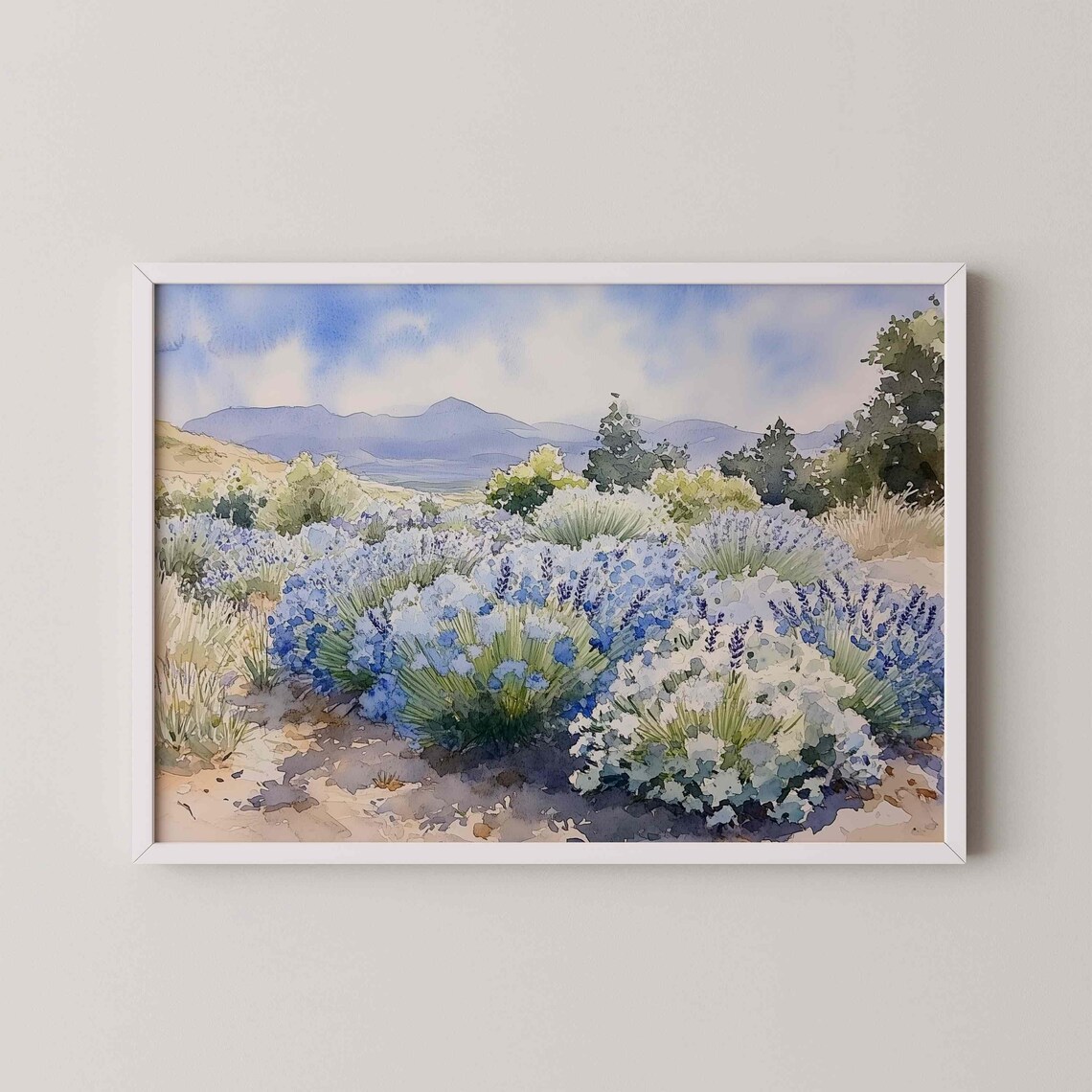 Lavender Field Mountain Meadow Watercolor Landscape Art Poster