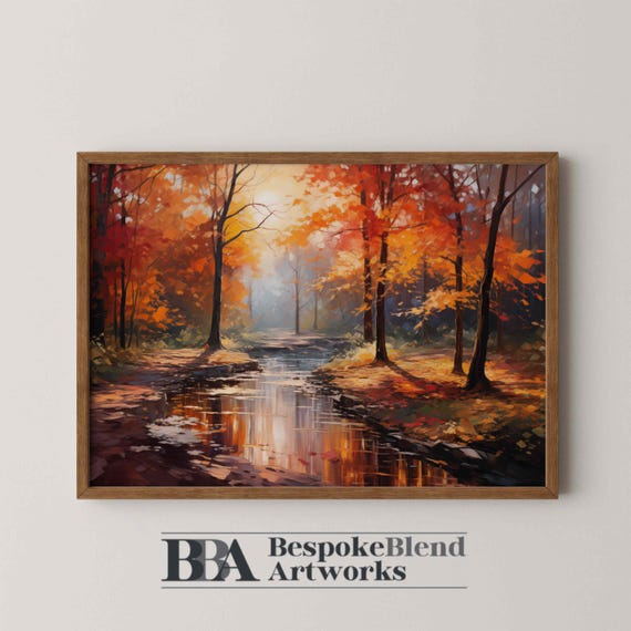 Fall Forest Wall Art Autumn Trees And River Reflections Painting For Cozy Farmhouse Decor Or Rustic Entryway Styling