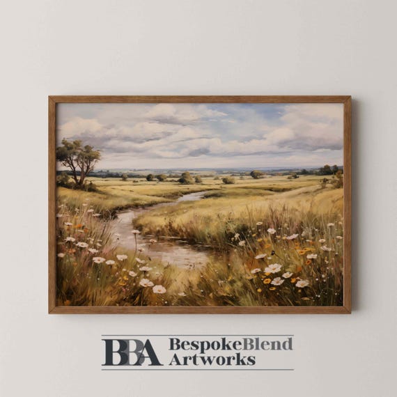 Vintage Meadow Wall Art Print Rustic Field And River Landscape Painting For Farmhouse Style Nature Decor Or Country Home Interiors