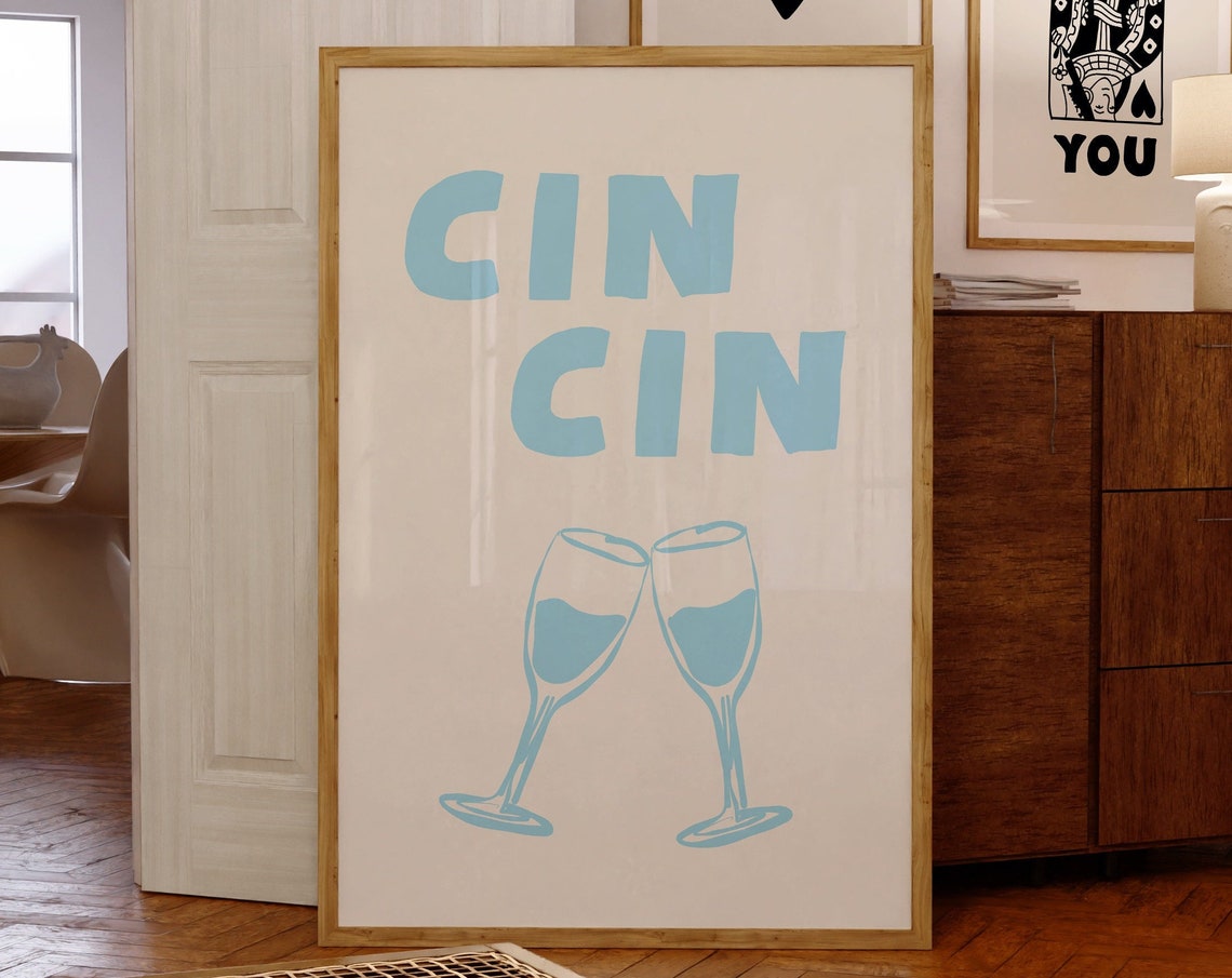 Cin Cin Light Blue Champagne Toast Minimalist Kitchen Poster