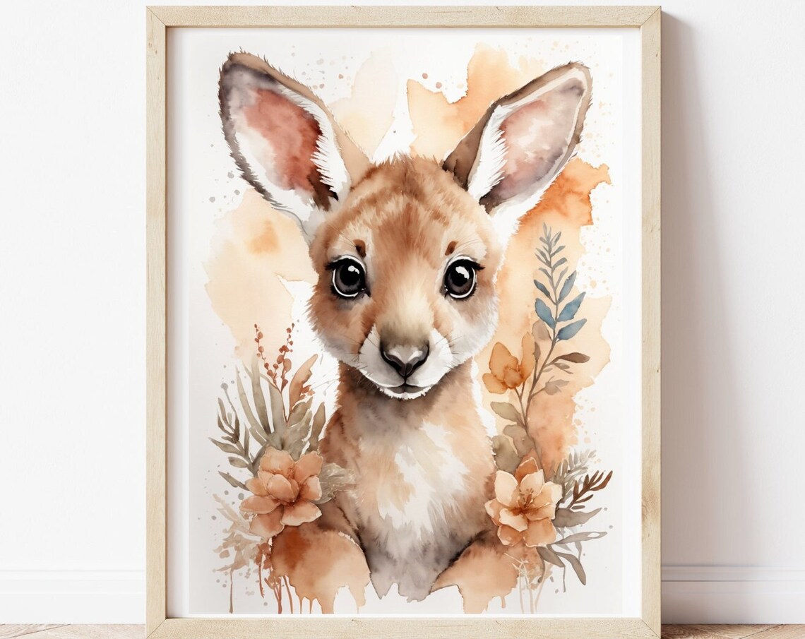 Cute Baby Kangaroo Floral Watercolor Nursery Animal Art Poster