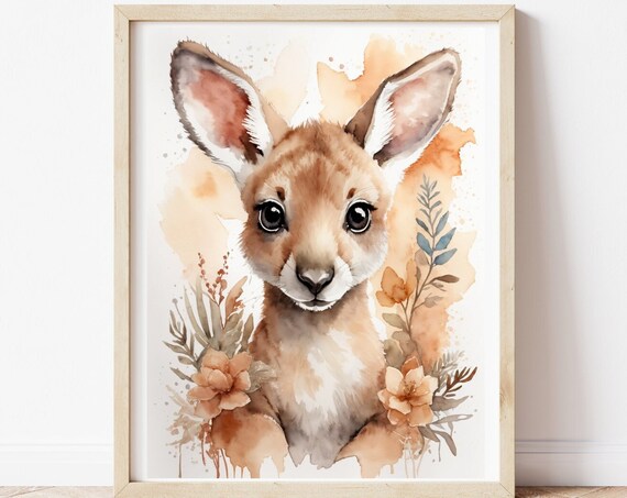 Cute Baby Kangaroo Floral Watercolor Nursery Animal Art Poster