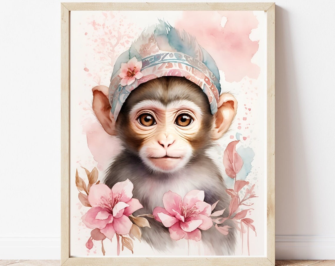 Baby Monkey Floral Headband Watercolor Nursery Animal Art Poster
