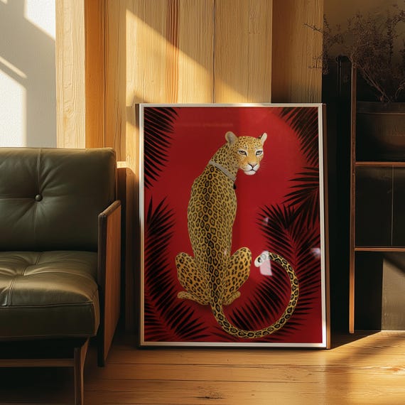Leopard Jungle Art Print Red Maximalist Luxury Decor Digital Download