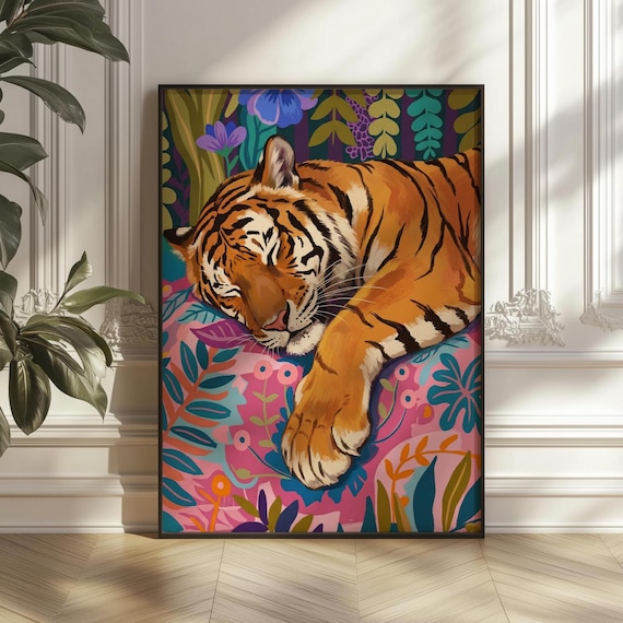 Sleeping Tiger Resting On Colorful Floral Tropical Maximalist Poster