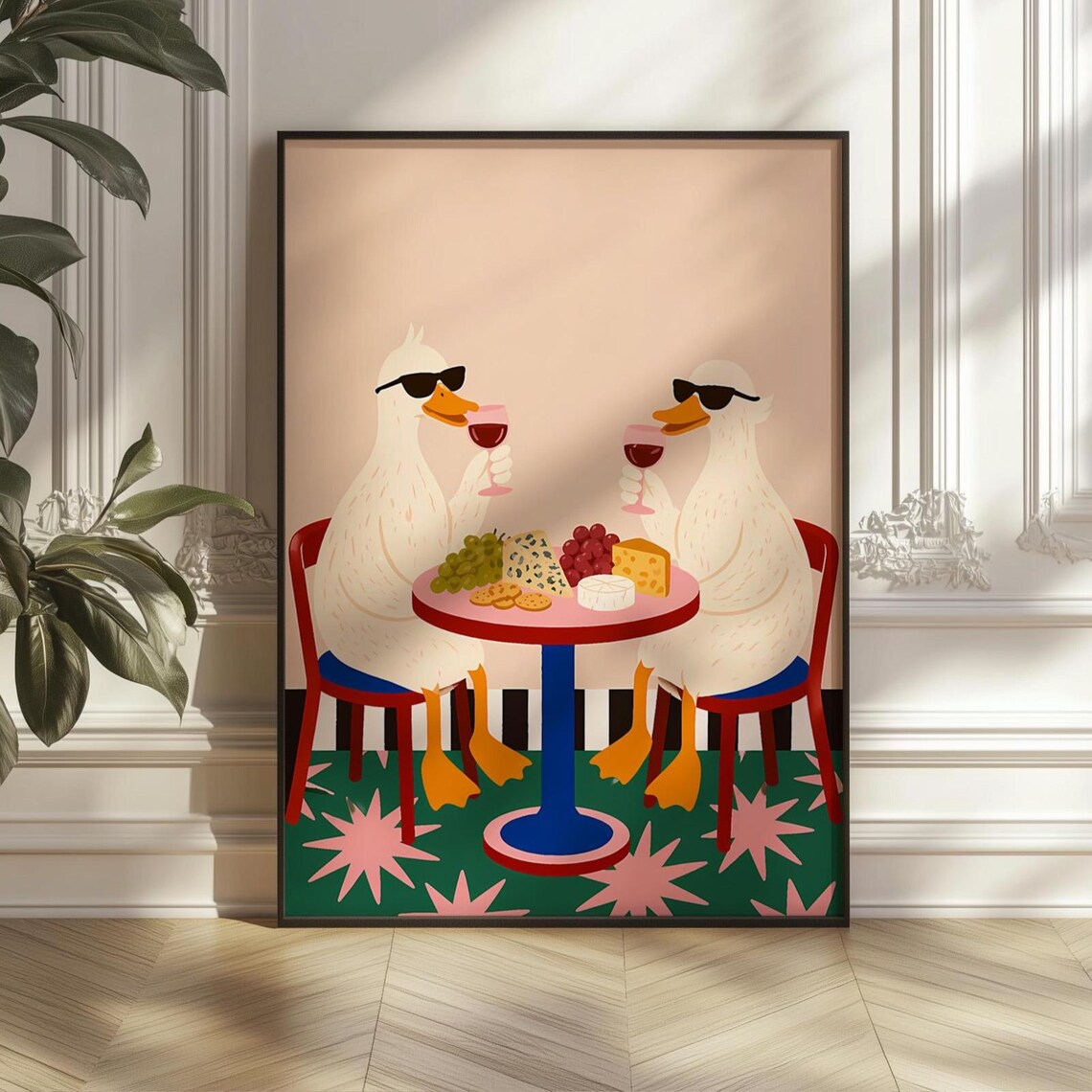 Funny Ducks Wine Poster, Whimsical Kitchen Art