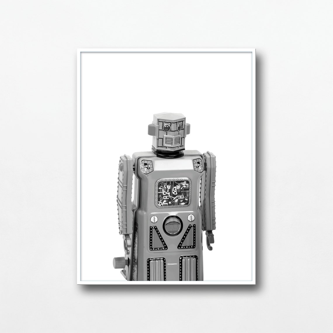 Silver Retro Tin Robot Toy Black White Photo Kids Room Poster - Image 3