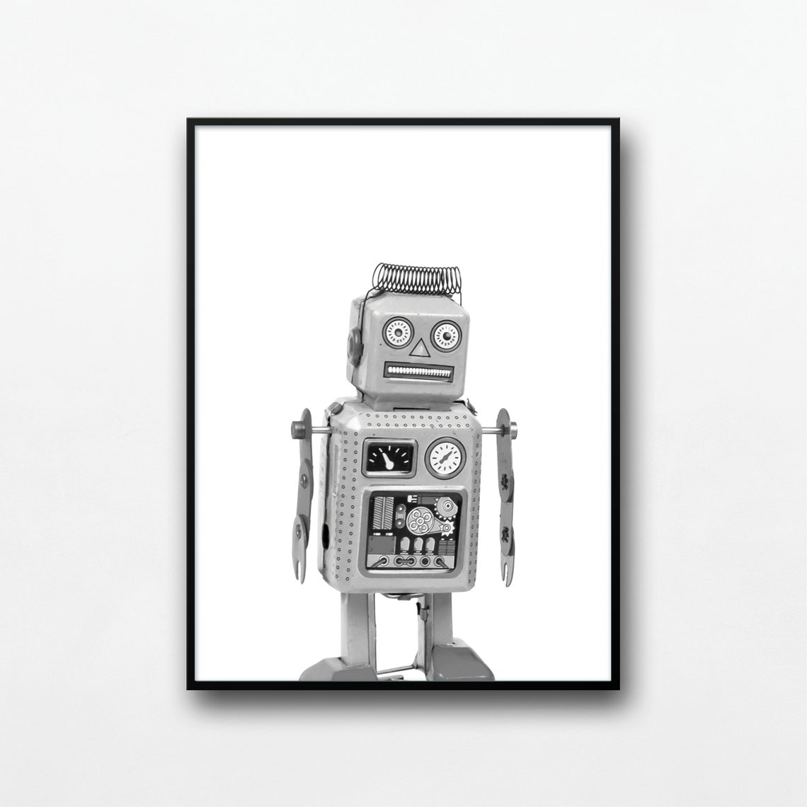 Small Silver Spring Head Robot Toy Black White Kids Room Poster