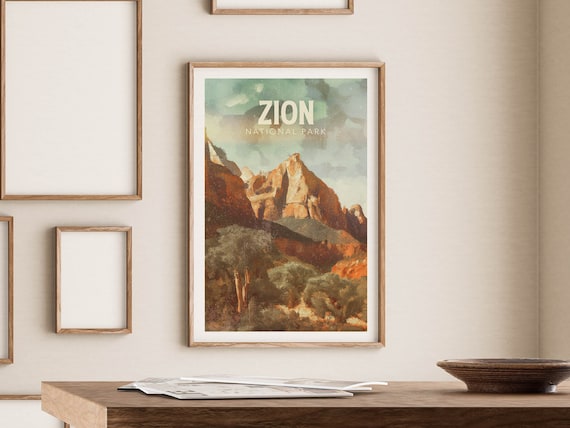 Zion National Park Poster Red Rock Canyon Desert Watercolor Travel Decor